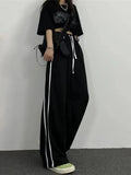 Women Vintage Striped High Waist Black Casual Pants