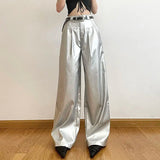 Y2K Women Streetwear Hip Hop Silver Leather Pants