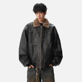 Patchwork Padded Faux Fur Collar Leather Jacket