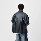 Trendy Faux Leather Lapel Button Jacket