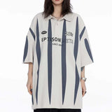 Women Retro Striped Lapel with Printed Polo T-Shirt
