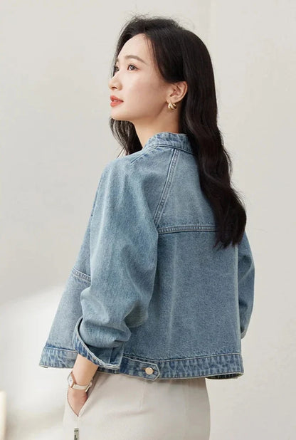 Stylish Stand Collar Denim Jacket Jeans