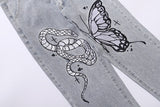 Butterfly Snake Embroidery Straight Denim Pants