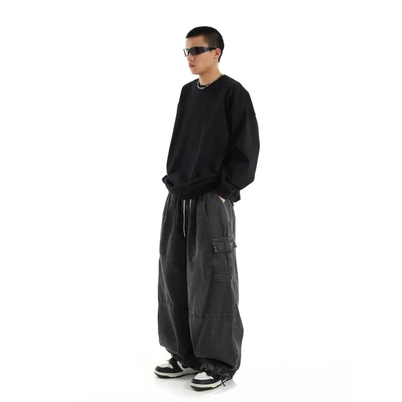 Black Baggy Cargo Jeans Trousers
