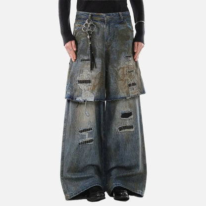 Durable Ripped Fake Two Piece Wide Leg Jeans
