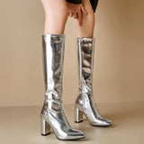 Elegant Metallic Zipper Knee High Leather Boots