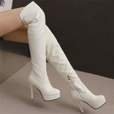 Embroidered Harness Stiletto Over Knee Leather Boots