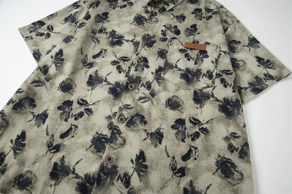 DAXUEN Men's short-sleeve button-up shirt with floral print
