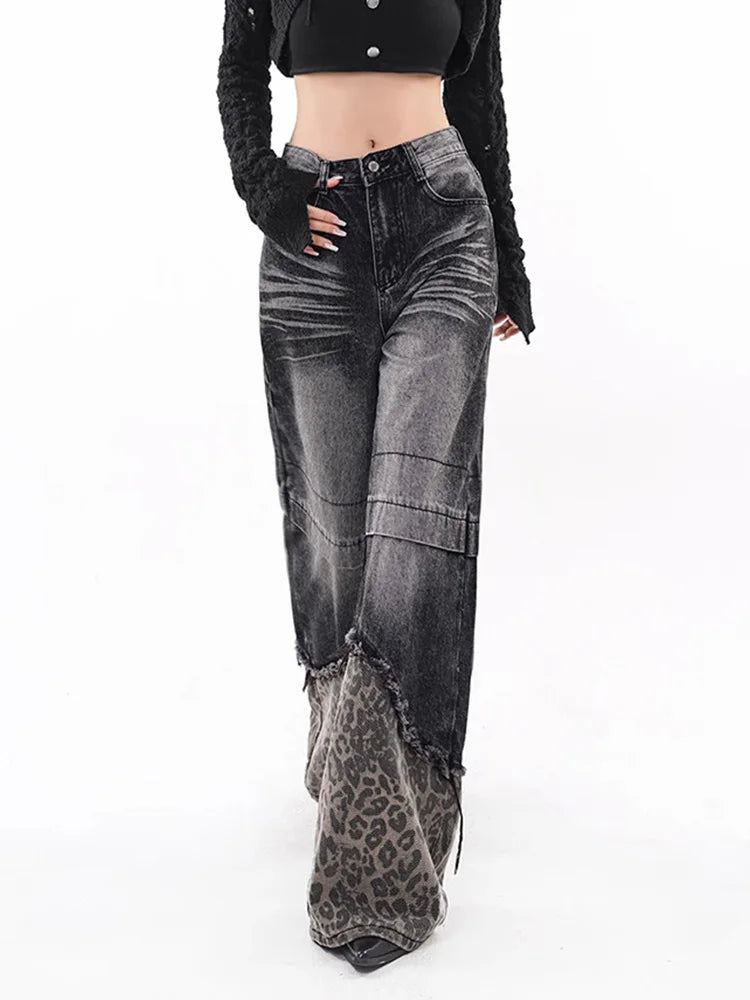 Minimal Look Leopard Spliced High Waist Jeans