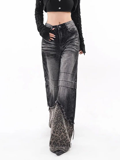 Minimal Look Leopard Spliced High Waist Jeans