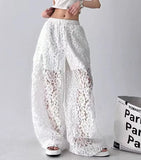 Women Solid Color Lace Hollow Wide Leg Pants