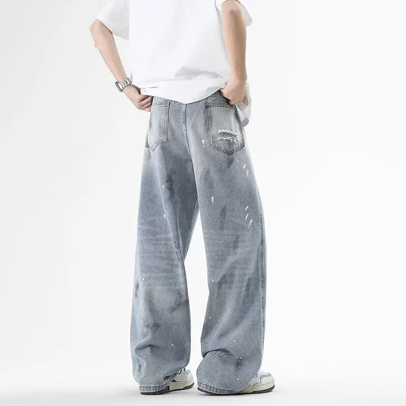 Ripped Baggy Graffiti Printed Denim Jeans