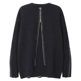 Streetwear Distressed Chain Detail Zipper Knit Sweater