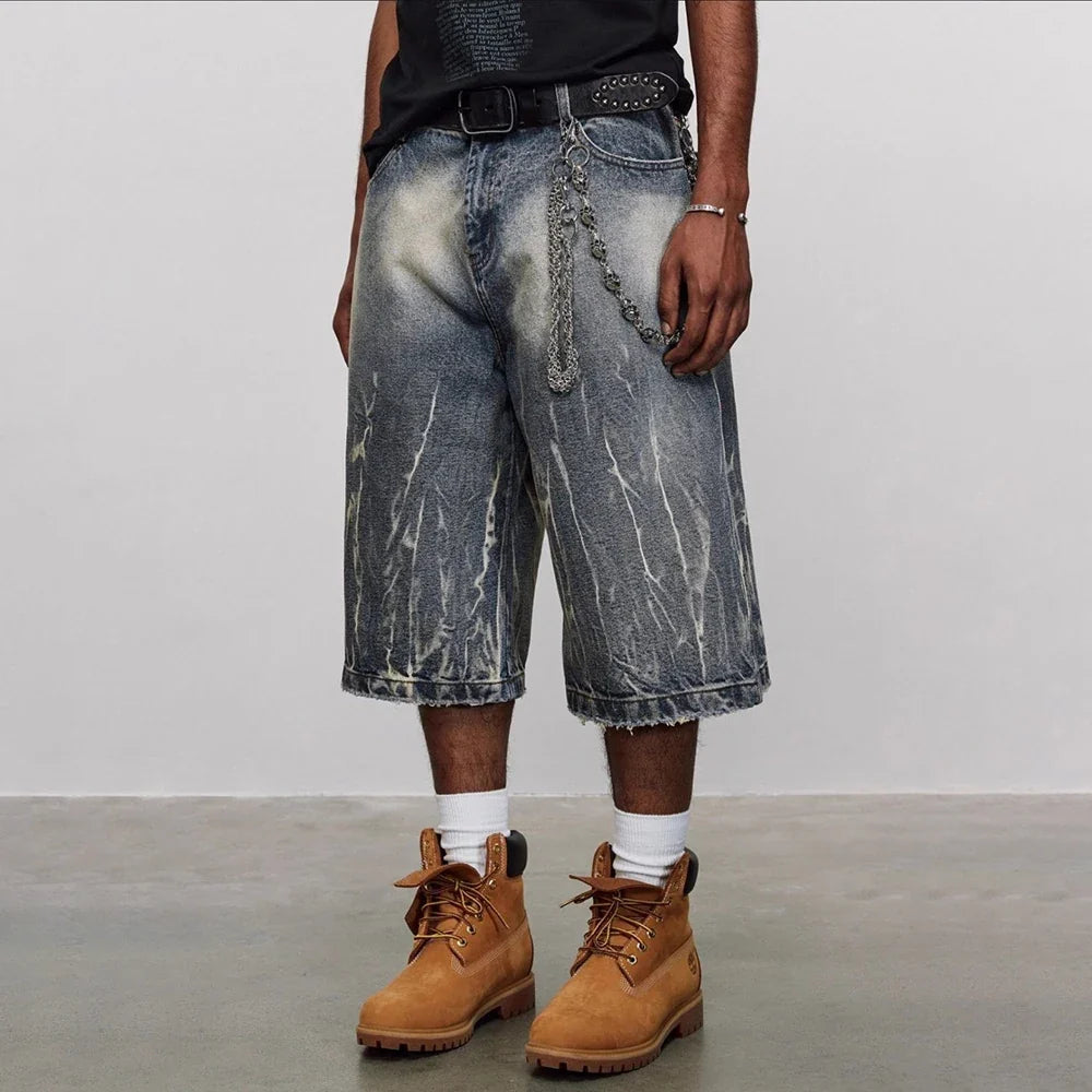 Lightning Pattern Washed Cropped Denim Jorts