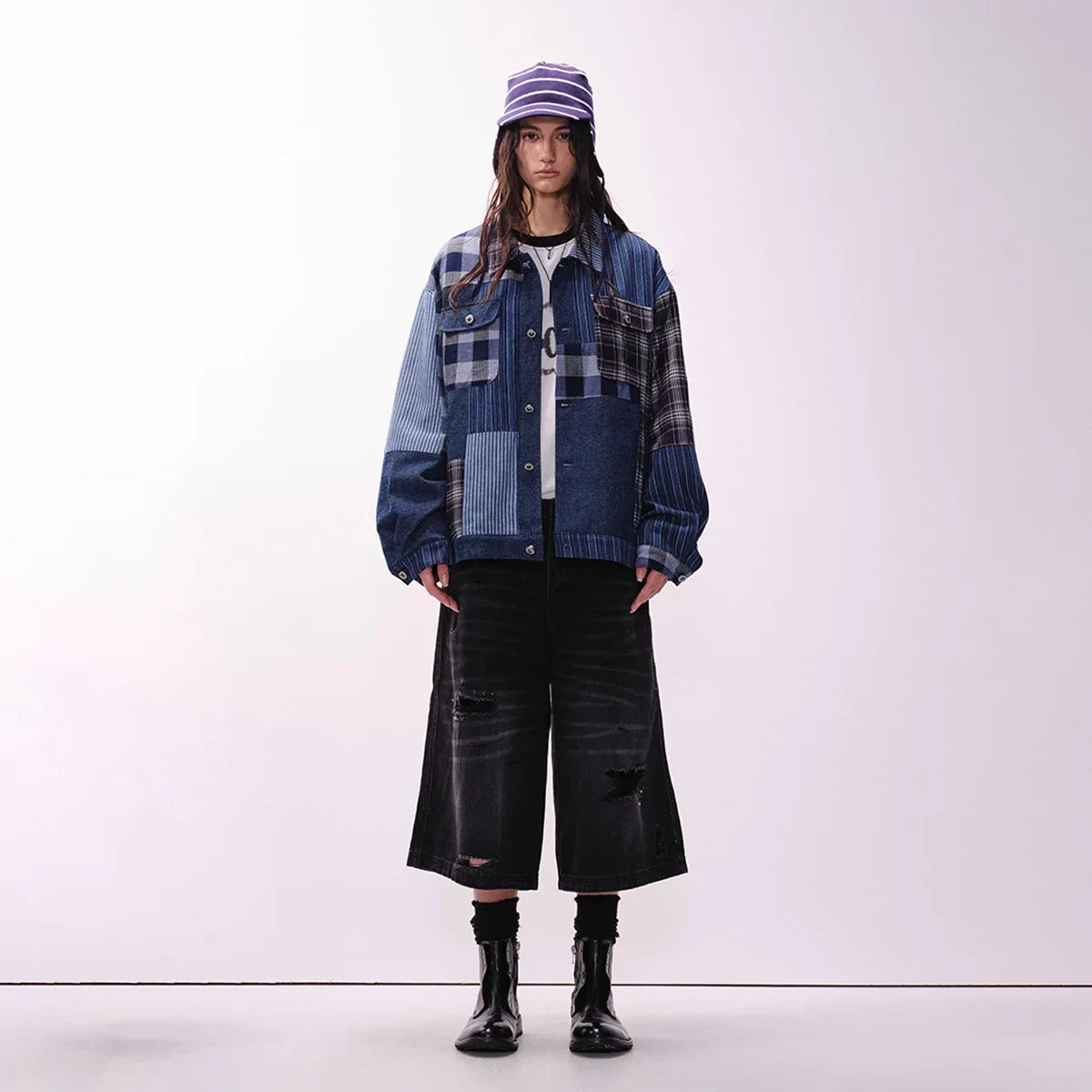 Versatile Retro Blue Casual Patchwork Denim Jacket