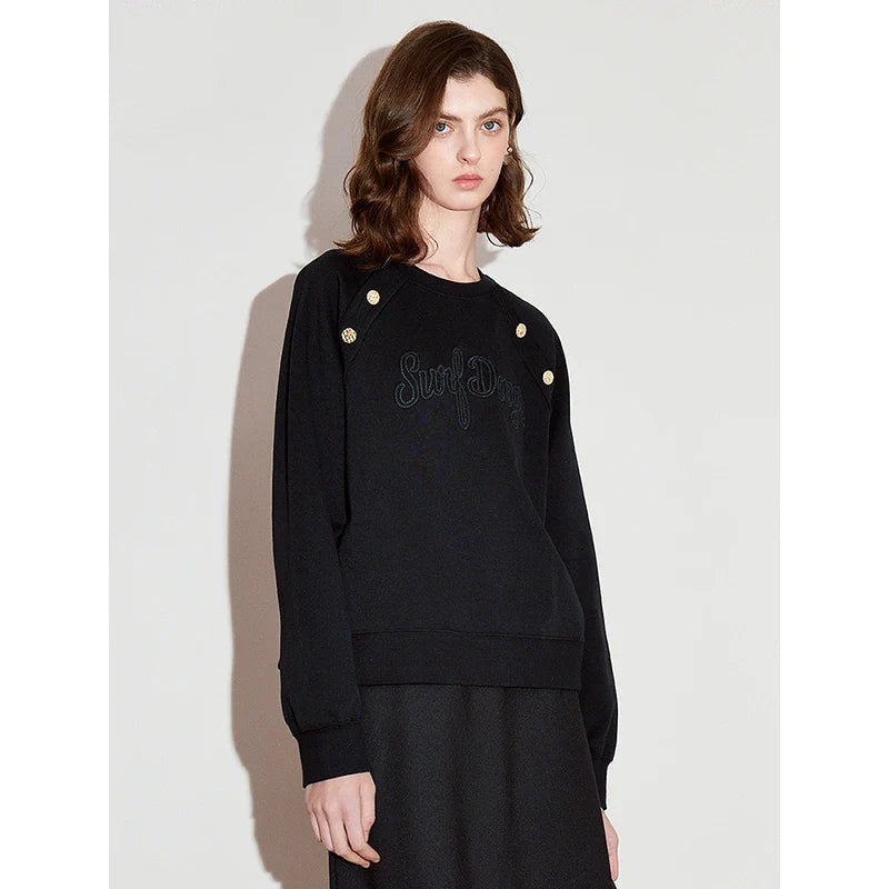 Luxury Black Embroidered Button Sweatshirt