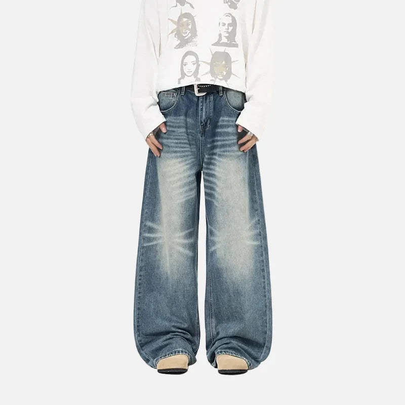 Elevated Cracked Washed Loose Fit Wide Leg Jeans