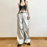 Y2K Women Streetwear Hip Hop Silver Leather Pants