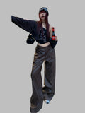 Distressed Brown PU Leather Wide Leg Pants