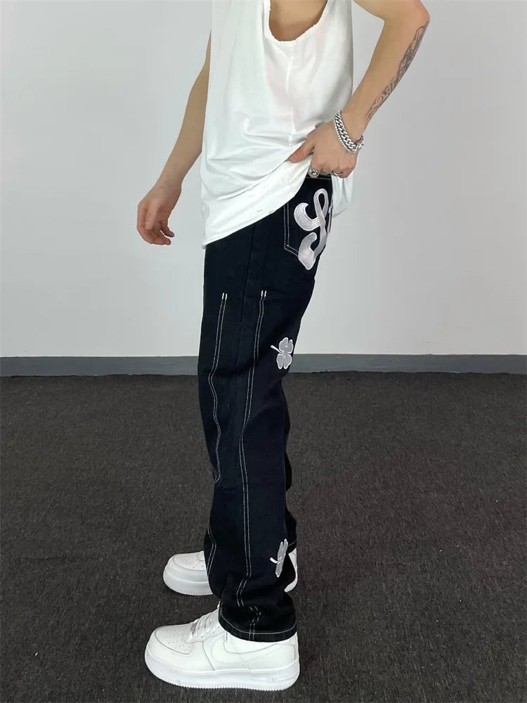 Letter Embroidery Friend Retro Pants