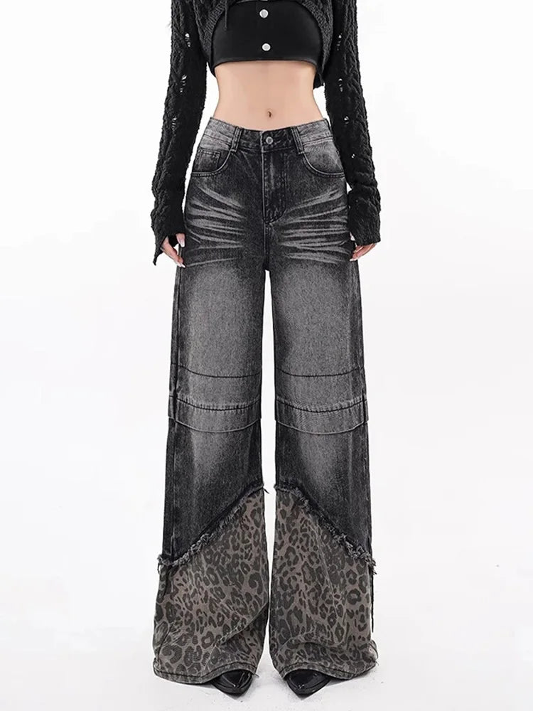 Minimal Look Leopard Spliced High Waist Jeans