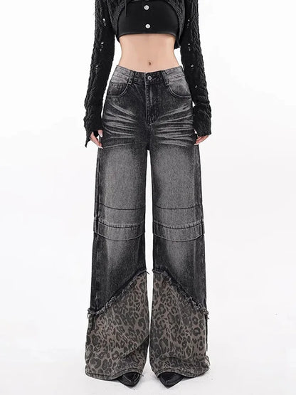 Minimal Look Leopard Spliced High Waist Jeans
