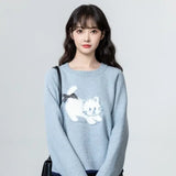 Women Retro Cute Blue Oversize Bow Sweater