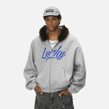 Cozy Embroidered Faux Fur Collar Hooded Sweatshirt