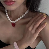 Bold Red Heart Pearl Choker Necklace