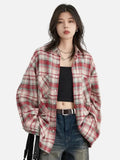 Women Vintage Plaid Oversize Long Sleeve Shirt