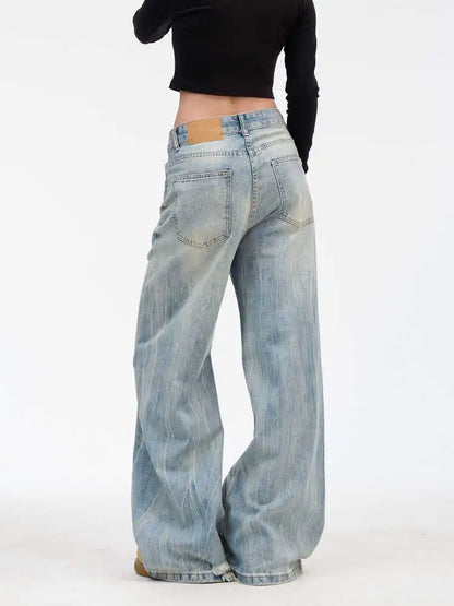 Blue Splicing Straight Leg Oversized Jeans