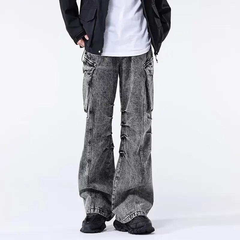 Minimal Look Gray Pleated Cargo Jeans