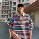 Japanese Style Color Blocked Striped Lapel T-Shirt