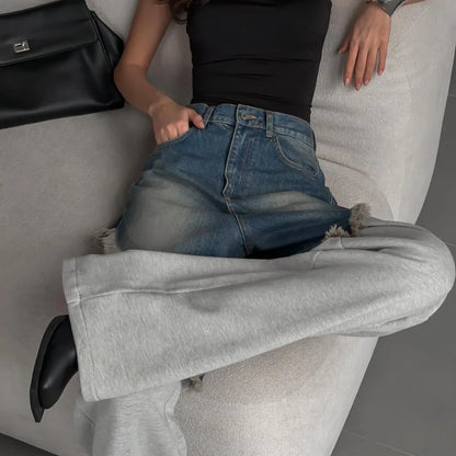 Distressed Patchwork Wide Leg Denim Pants