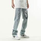 Butterfly Snake Embroidery Straight Denim Pants