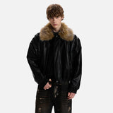 Luxury Faux Fur Lapel Leather Padded Jacket