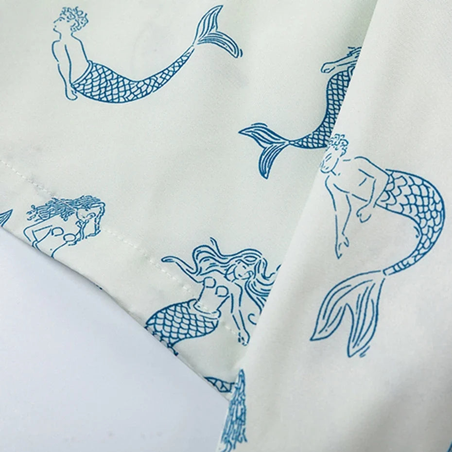 Mermaid Printed White Oversized Button-Up Shirt