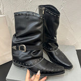 Punk Motorcycle Rivets Black Cowboy Boots