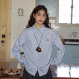 Women Classic Chic Vintage Striped Embroidered Shirt