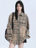 Women Streetwear Vintage Plaid Tassel Long Sleeve Shirt