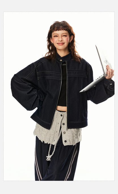 Women Cow Color Washed Denim Jacket