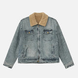 Streetwear Turn Down Fur Collar Washed Denim Jacket