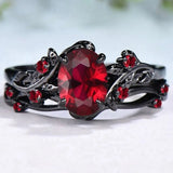 Exquisite Black Round Flower Red Stone Ring