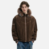 Plush Thick Spliced Faux Fur Collar Hooded Jacket