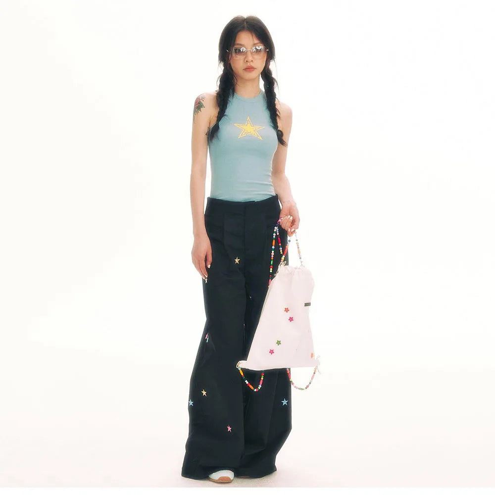 Vintage Star Embroidered Wide-Leg Pants