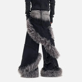Luxury Double Waisted Fur Patchwork Ripped Denim Jeans
