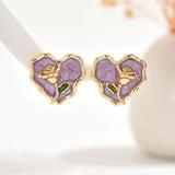 Gold Border Purple Heart Enamel Earrings