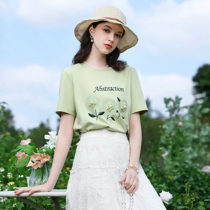 Green Flower Embroidered T-shirt