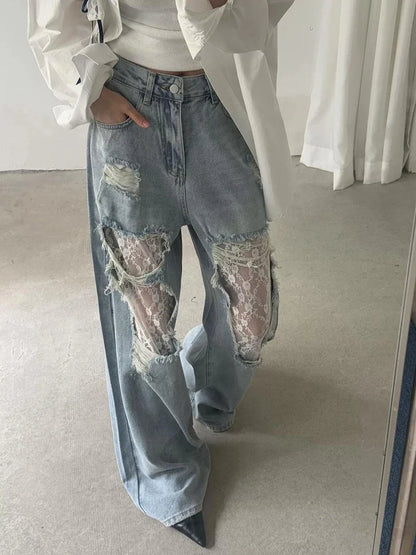Women Retro Chic Lace Baggy Jeans