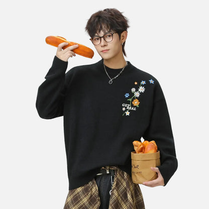 Oversized Floral Embroidered Knit Sweater